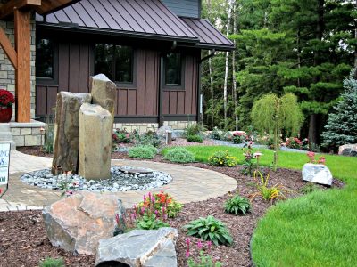 St. Croix Valley, WI - New Construction Plantings, Basalt Fountain, Landscape Lighting & Hydroseeding